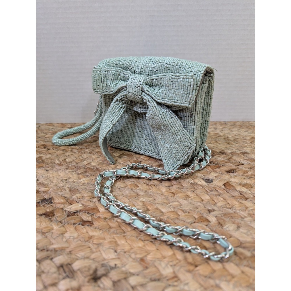 Anthropologie Aquamarine Glass Beaded Bow‎ Detail Wristlet & Crossbody Strap - Picture 2 of 9